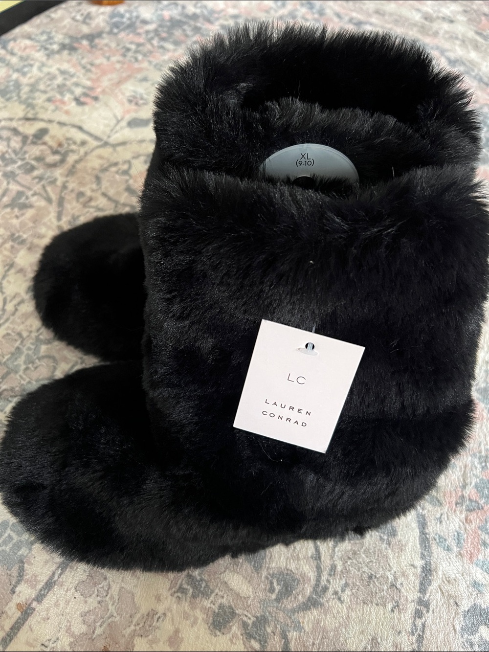 LC Lauren Conrad Black Plush Faux Fur Bootie Slippers